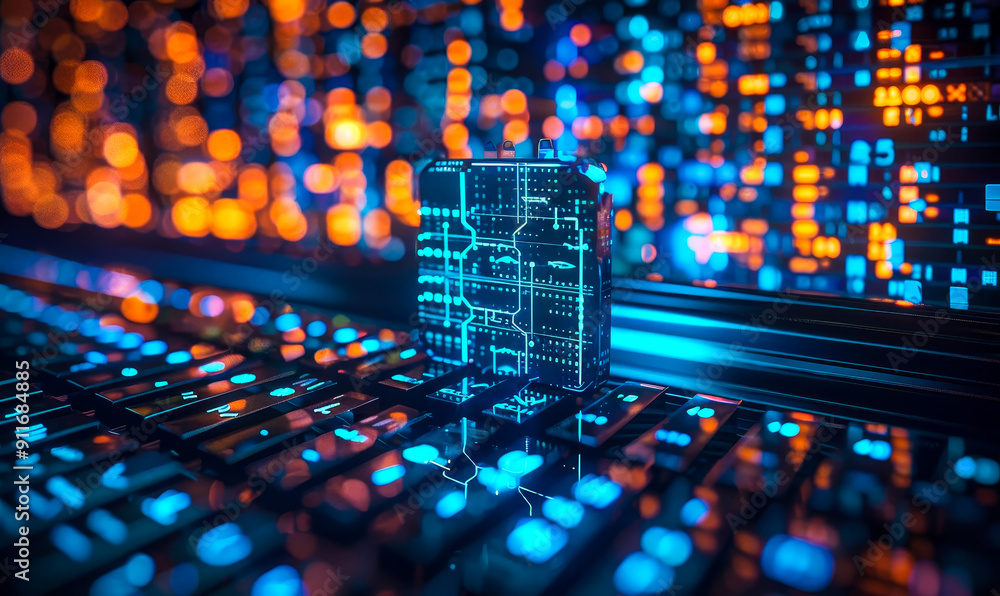 Poster digital cyber security and data encryption circuit board on keyboard with glowing lights - protectin