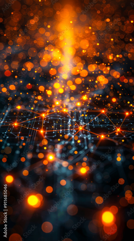 Aufkleber futuristic neon orange and yellow high-tech connectivity grid with glowing lines and particle effect