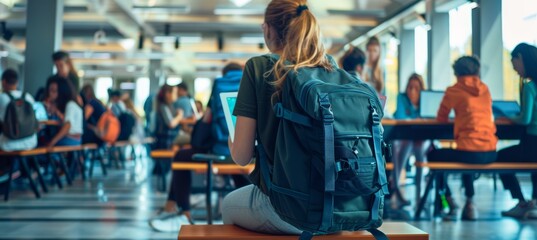 Modern School Backpack Display in Tech-Friendly Classroom Setting with Students Using Devices