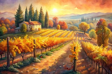 Naklejka premium Vibrant autumn scene of a rustic vineyard after harvest, with rows of lush vines, worn stone paths, and a wine-tasting setup bathed in warm golden sunlight.