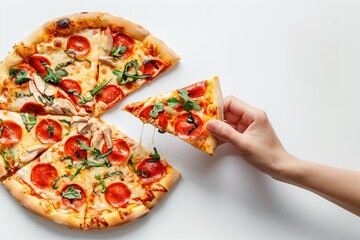 A hand picking up a slice of pepperoni and arugula pizza from a whole pizza on a white background