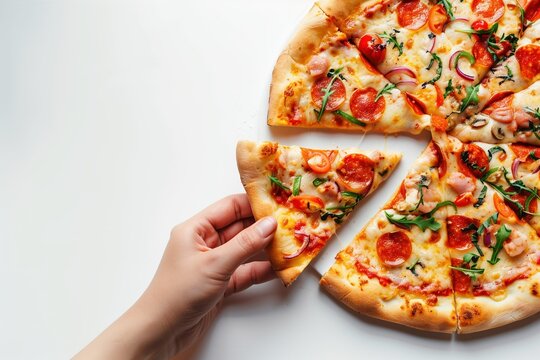 A hand picking up a slice of pepperoni and vegetable pizza from a whole pizza on a white background