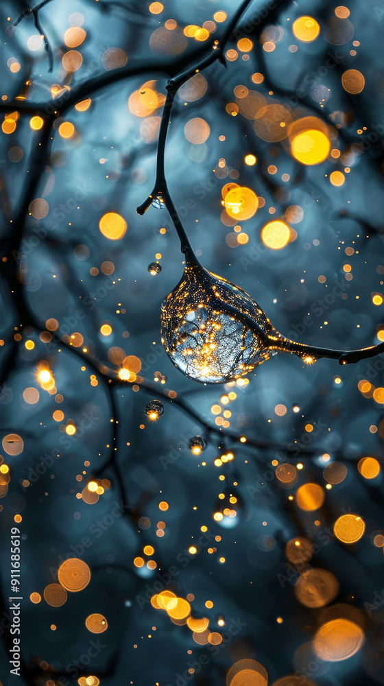 Poster tangled wires with water drops and bokeh light effects at night - abstract art featuring intertwined