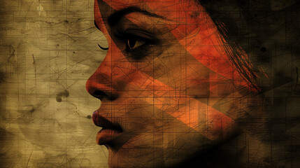 A thoughtful young woman with intricate geometric patterns overlaying her profile against a textured background.