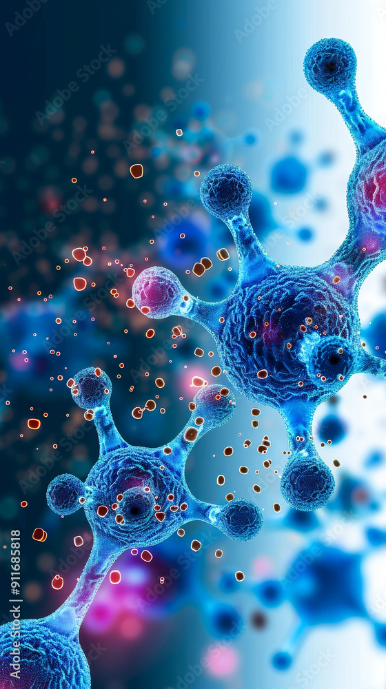 Poster detailed 3d protein molecule structure formation in a scientific research environment with blue and 