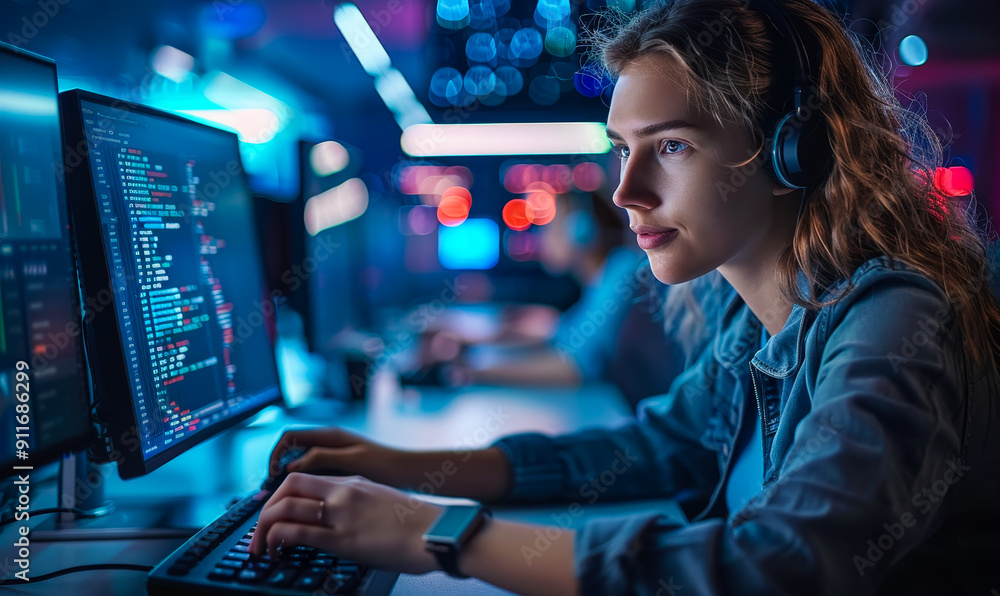 Poster young female software developer programming solutions at night in data center system control room, t