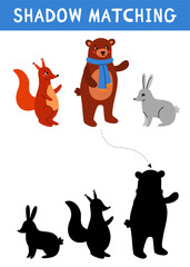 Animal shadow matching activity for children. Cute puzzle with bear, squirrel and rabbit. Educational game for kids. Find the correct silhouette printable worksheet. Vector cartoon illustration.