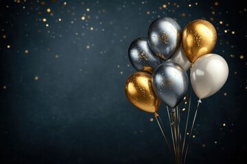 Festive graphic showcasing a group of airborne balloons against a deep backdrop. Three-dimensional realistic birthday visuals with shimmering golden and silver helium-filled balloons