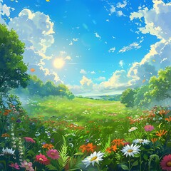 Obraz premium Thunderhead with The Blue Skies, Moon ,Night Scenery, Cloud, Tree -Anime Style Photo Background Wallpaper