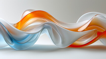 Abstract digital artwork featuring flowing curves with a gradient transition of blue, white, and orange hues on a soft gray background, evoking a sense of fluidity and motion.
