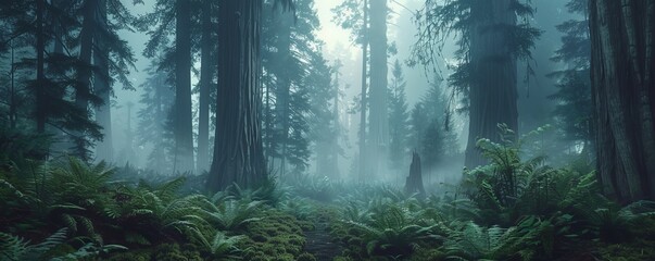 Obraz premium Towering redwoods cloaked in morning mist, 4K hyperrealistic photo