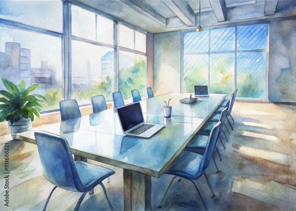 Poster empty office space with laptop open on conference table displaying presentation, empty chairs and wa