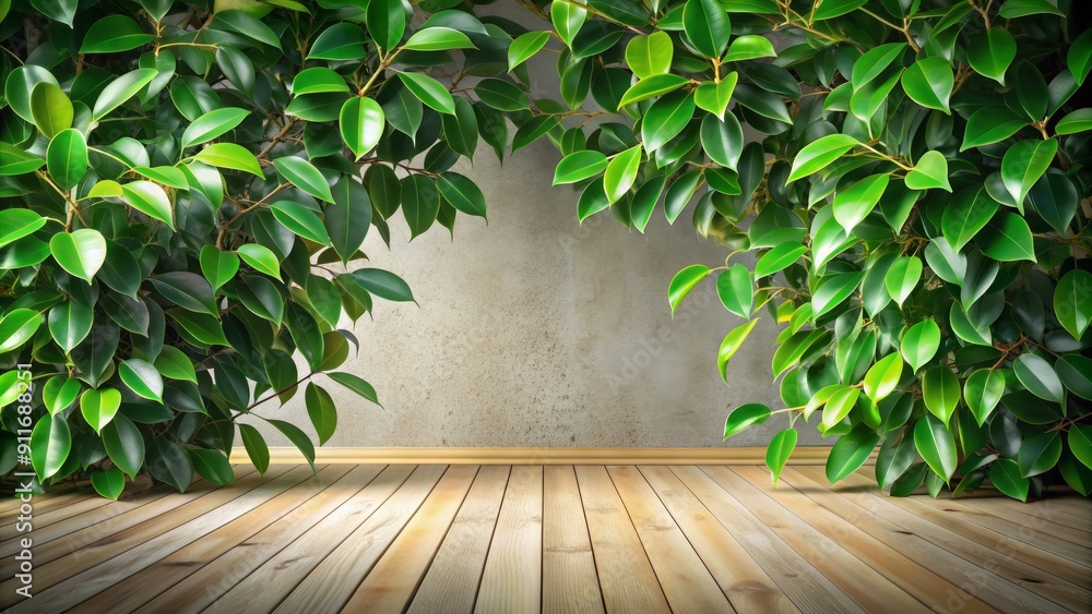 Wall mural Green Leaves Framing a Wooden Floor, greenery , leaves , wood , natural