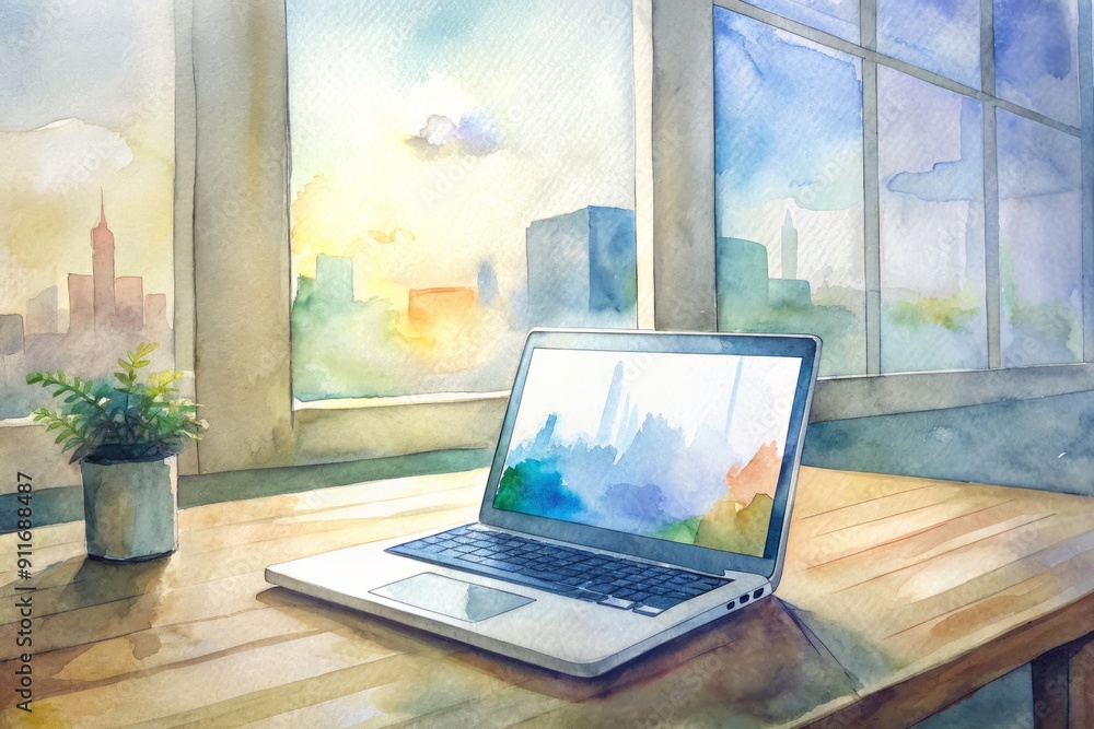 Poster modern laptop computer on a wooden desk in a minimalist office, displaying a virtual meeting interfa