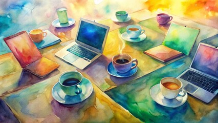 Colorful coffee cups and laptops gather around a modern office table, celebrating friendship and caffeine on a special morning, warm and inviting ambiance.