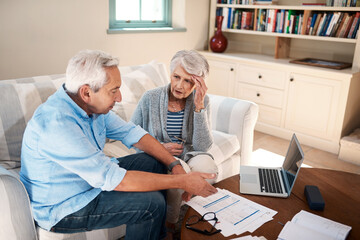 Angry, old couple and laptop for finance, stress and argument with gambling debt. Apartment, pc and...
