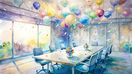 Colorful confetti fills the air as a stylish conference room table is set with balloons and a cake, capturing the essence of a lively office celebration.