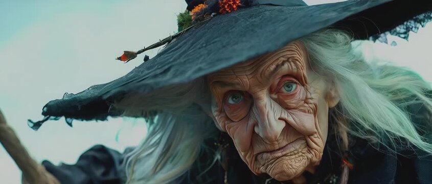 Halloween. A old witch flying on a broomstick through a mystical forest during autumn, with vibrant orange leaves falling around her. Perfect for themes of fantasy, Halloween, magic, and adventure.