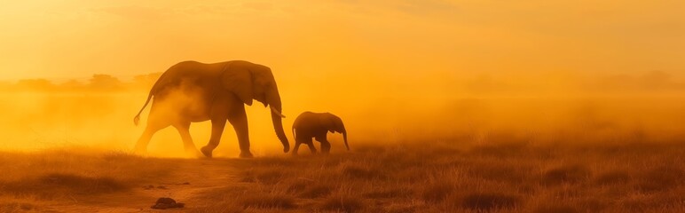 Fototapeta premium An elephant with a small elephant is walking across the savannah, dust rises from their footsteps