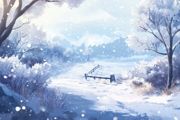 Obraz premium Winter's Tranquil Embrace: A High-Resolution Hand-Drawn Illustration of Nature's Harmony in a Snowy Landscape, Embracing the Season's Magic with Clarity and Warmth in Anime Style.