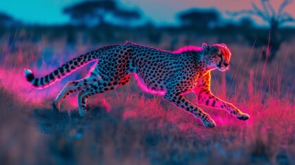 Cheetah on the hunt in the African savannah, a large predatory cat