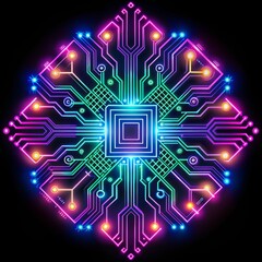 Obraz premium Neon Circuitry Glowing Lines, Vibrant Colors, Digital Network, Cyberpunk, Abstract Art , neon , circuit