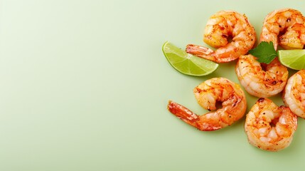 Grilled shrimp with lime on a light green background. Minimalistic flat lay style with space for text. Ideal for banners, marketing materials, backgrounds, and seafood-related designs.

