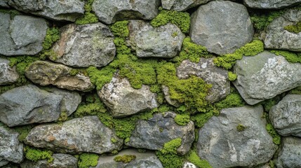 Textured stone wall surface with an intricate pattern of moss, highlighting the green growth against a backdrop of weathered stones and natural texture