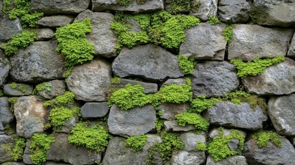 Stone wall with a pattern of dense moss covering the surface, creating a rich and textured appearance with natural green and gray hues, showcasing aged beauty