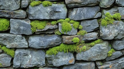 Detailed stone wall surface pattern with lush, green moss growing between rugged stones, showcasing a rich texture and natural weathering