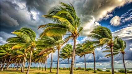 Fototapeta premium Palm Trees Swaying in the Wind, Vibrant Greens and Blues, Dramatic Cloudscape, Tropical Landscape, palm trees, beach, wind