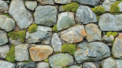 Obraz premium Stone wall surface featuring an intricate pattern of moss interspersed with weathered stones, creating a blend of natural textures and vibrant greens