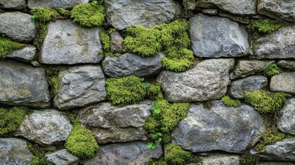 Stone wall surface featuring an intricate pattern of moss interspersed with weathered stones, creating a blend of natural textures and vibrant greens
