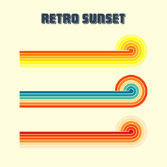 Horizontal vintage sunsets. Various colorful striped sunrise badges in 80s and 90s style. Sun and ocean view, summer vibes, surfing. Design element, print, logo or t-shirt. Vector illustration