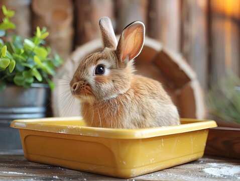 A rabbit being trained to use a litter box