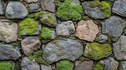 Stone wall surface with an elaborate pattern of moss covering the stones, blending various shades of green and gray, highlighting natural weathering