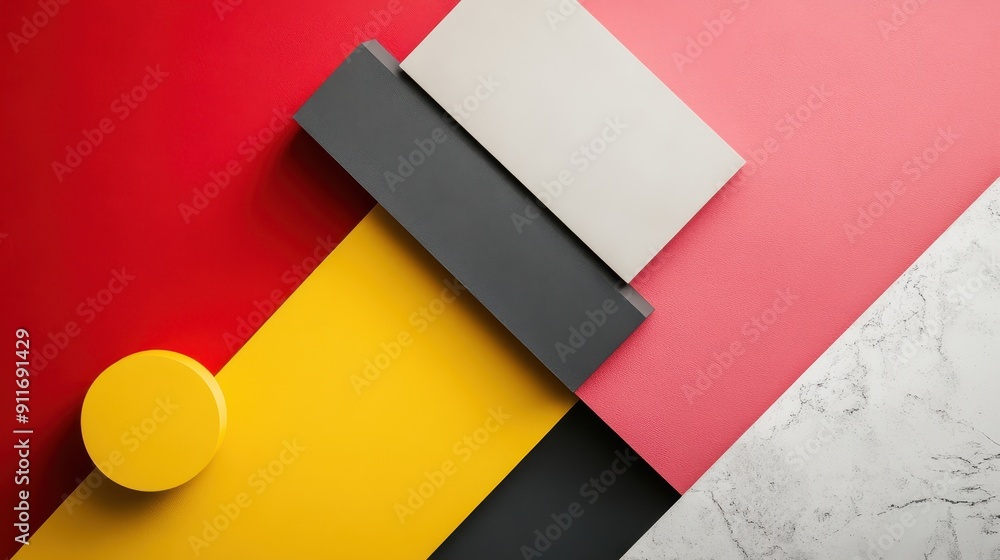 Poster abstract geometric composition with colorful shapes on a vibrant background, ideal for modern art an