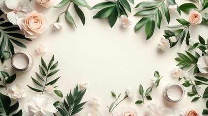 Naklejka premium Elegant floral arrangement with roses and green leaves on a white background, perfect for wedding invitations and romantic themes.