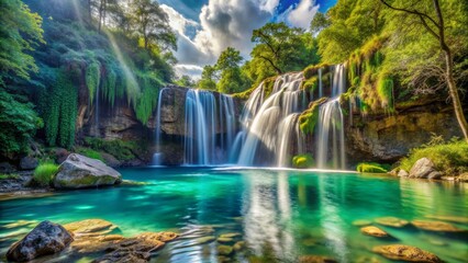 Serene Waterfall Cascade in a Lush Forest, Wide Angle, Vibrant Colors, Nature's Serenity, waterfall, forest, nature