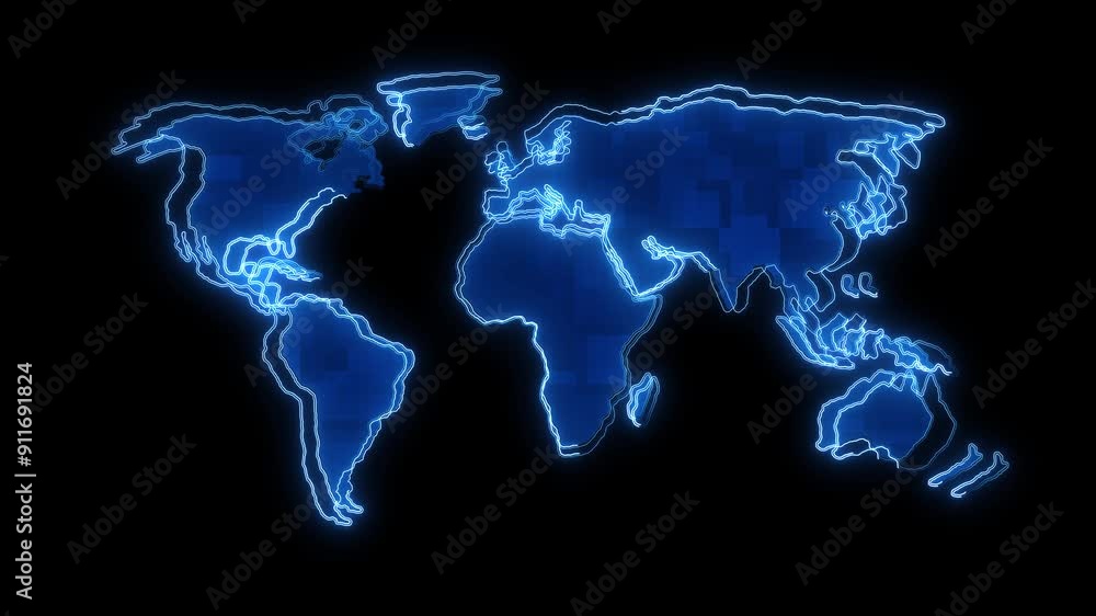 Poster animated neon abstract of world map outline glowing lights animated background isolated on black bac