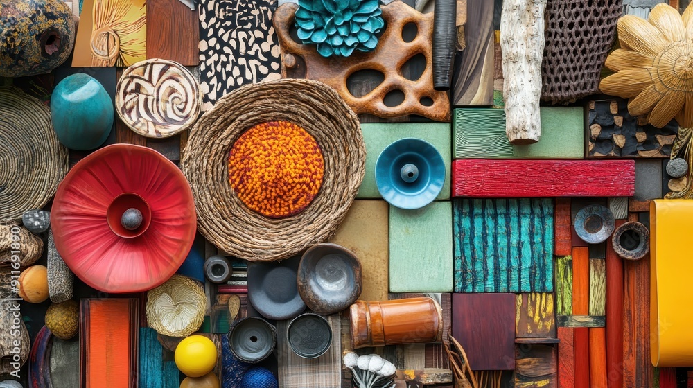 Poster vibrant collage of assorted colorful objects and textures arranged in an artistic layout. ideal for 