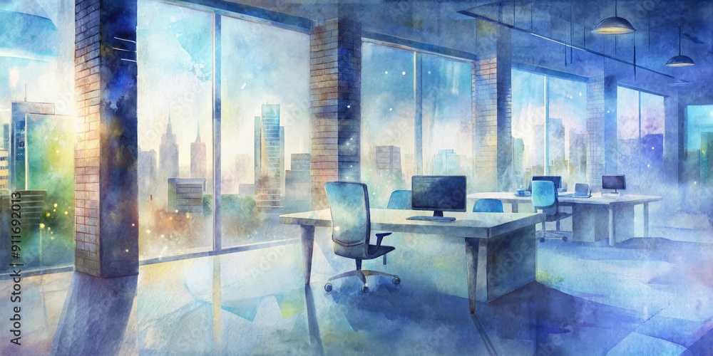 Aufkleber sophisticated blurred background of programming language code overlays a modern office space, convey