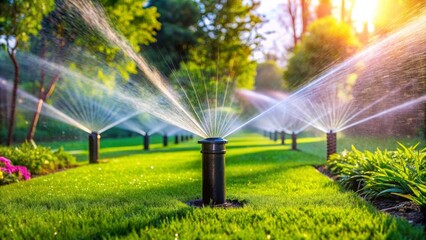 Sprinkler System Watering Green Lawn in the Garden, Sprinkler, Irrigation, Garden, Water