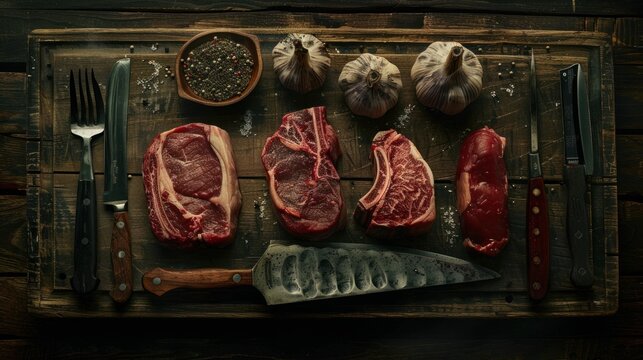 Raw Steak, Garlic, Spices, and Knives on a Wooden Cutting Board