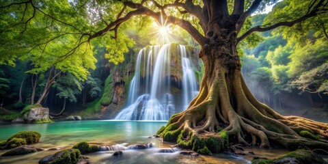 Obraz premium Sunlight Through the Tree Roots at the Waterfall, waterfall, nature, forest, tree