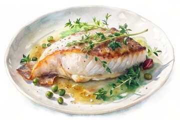 Savory closeup of a flawlessly seared fish fillet being artfully plated on a crisp white plate, garnished with fresh herbs and microgreens, awaiting its culinary debut.