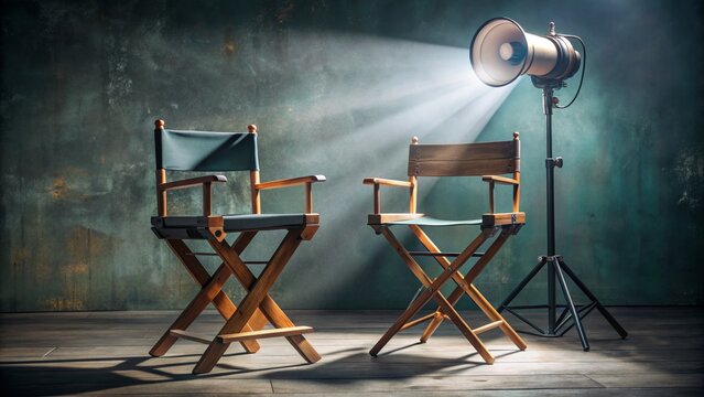 Two Director's Chairs and a Spotlight on a Rustic Green Background, Filmmaking, Movie Set, Production, Lighting