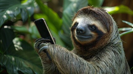 Fototapeta premium Cute sloth with a smartphone in his ha