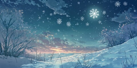 Winter's Solace: A Tranquil High-Resolution Hand-Rendered Image of Snowflakes' Peaceful Elegance on a Silent Night, Embracing the Season's Enchantment with Moonlit Snowdrifts and the Serenity of Cold 