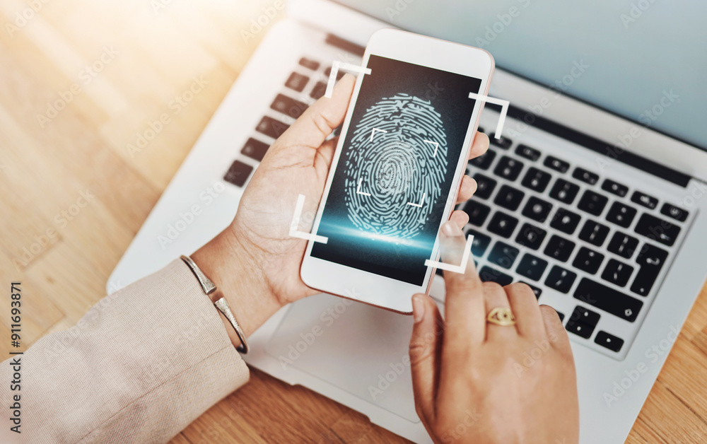 Poster fingerprint, phone and hands with biometric for verify app and office cybersecurity with identity sc